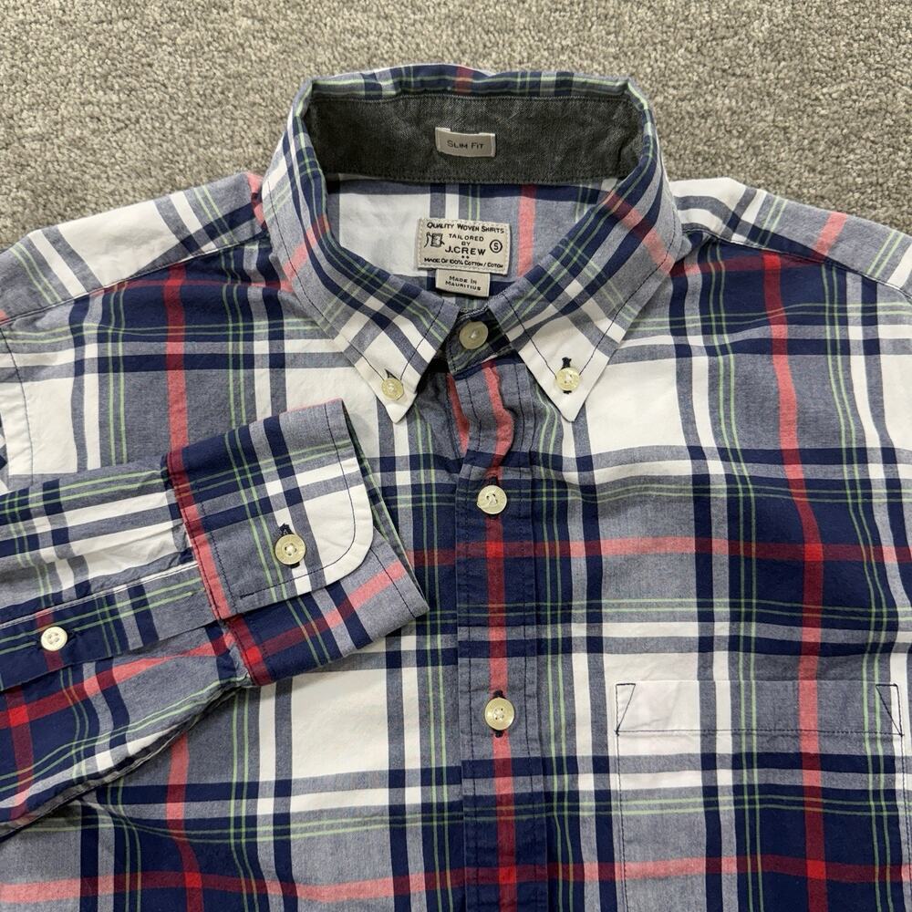 J Crew Mens Slim Fit Plaid Button Down Shirt Blue Red White Cotton S Long Sleeve
